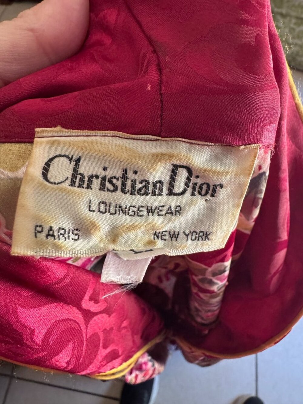 Christian Dior Loungewear Nightgown Kaftan Floral Satin Pockets Vintage Sz L - Picture 10 of 11